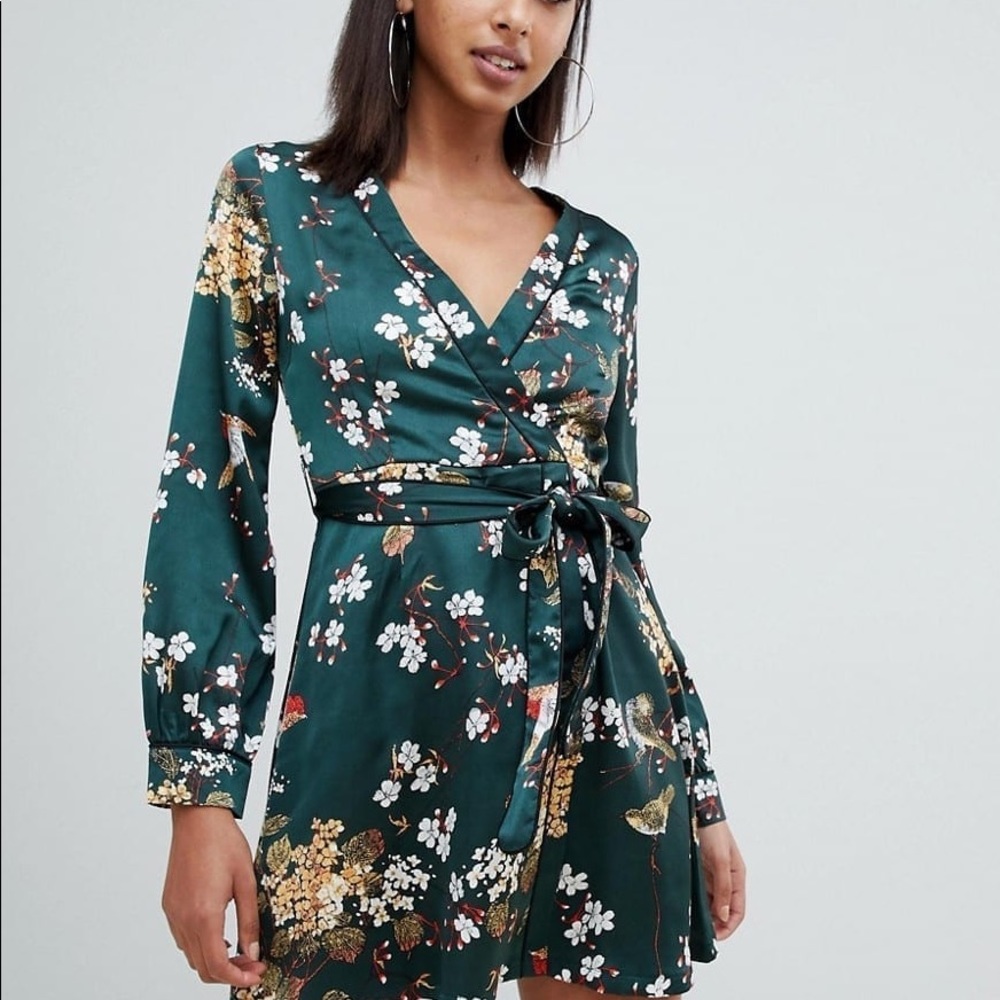 Misguided Satin Wrap Mini Dress in Tea Green